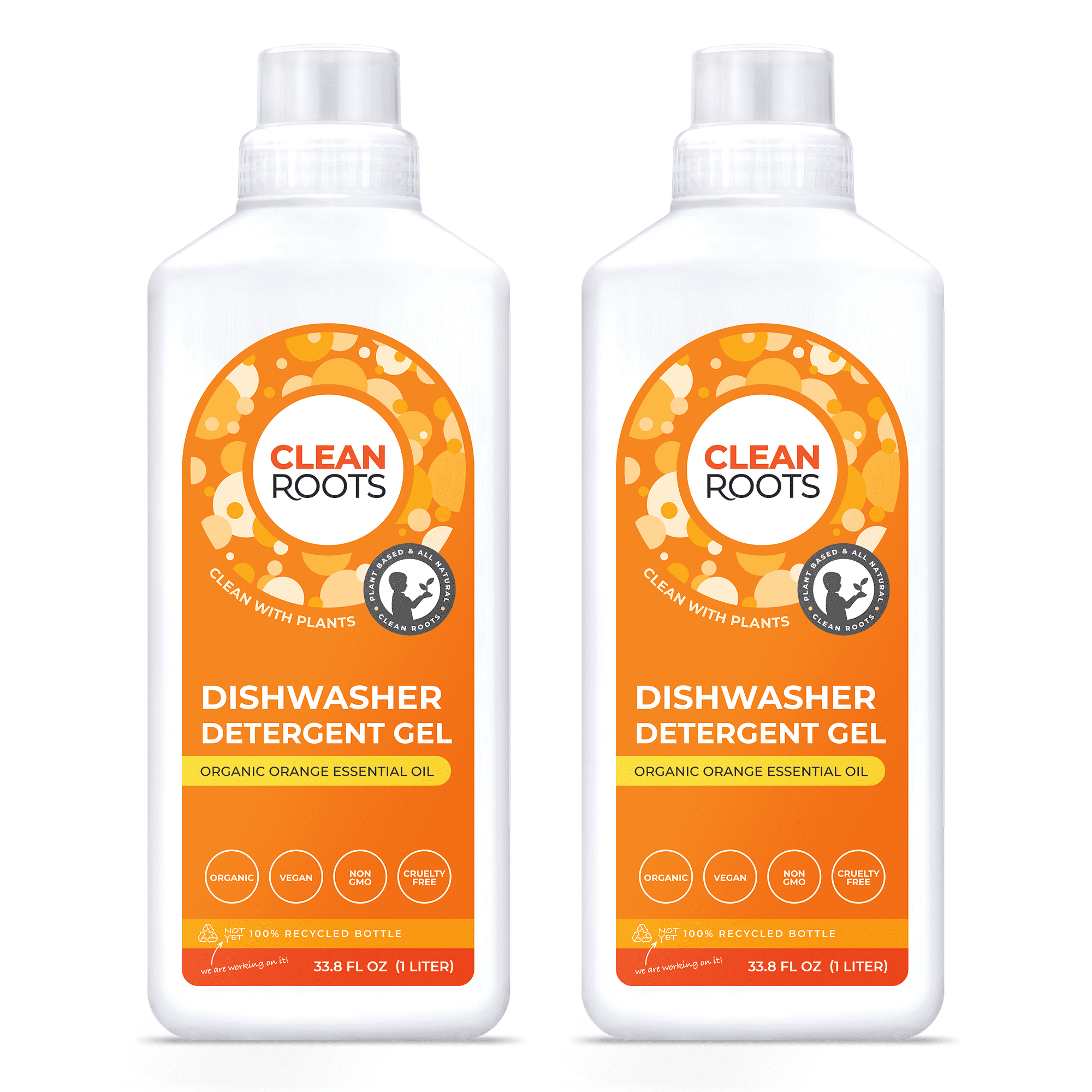 Clean Roots Dishwasher Detergent Gel, 95% Organic, Scented with Organic Orange Essential Oil - Pack of Two 33.8 fl. oz. (1 L) Bottles