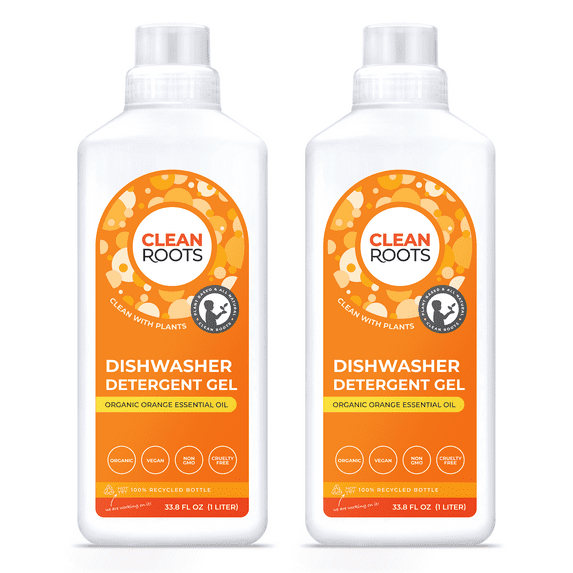 Clean Roots Dishwasher Detergent Gel, 95% Organic, Scented with Organic Orange Essential Oil - Pack of Two 33.8 fl. oz. (1 L) Bottles