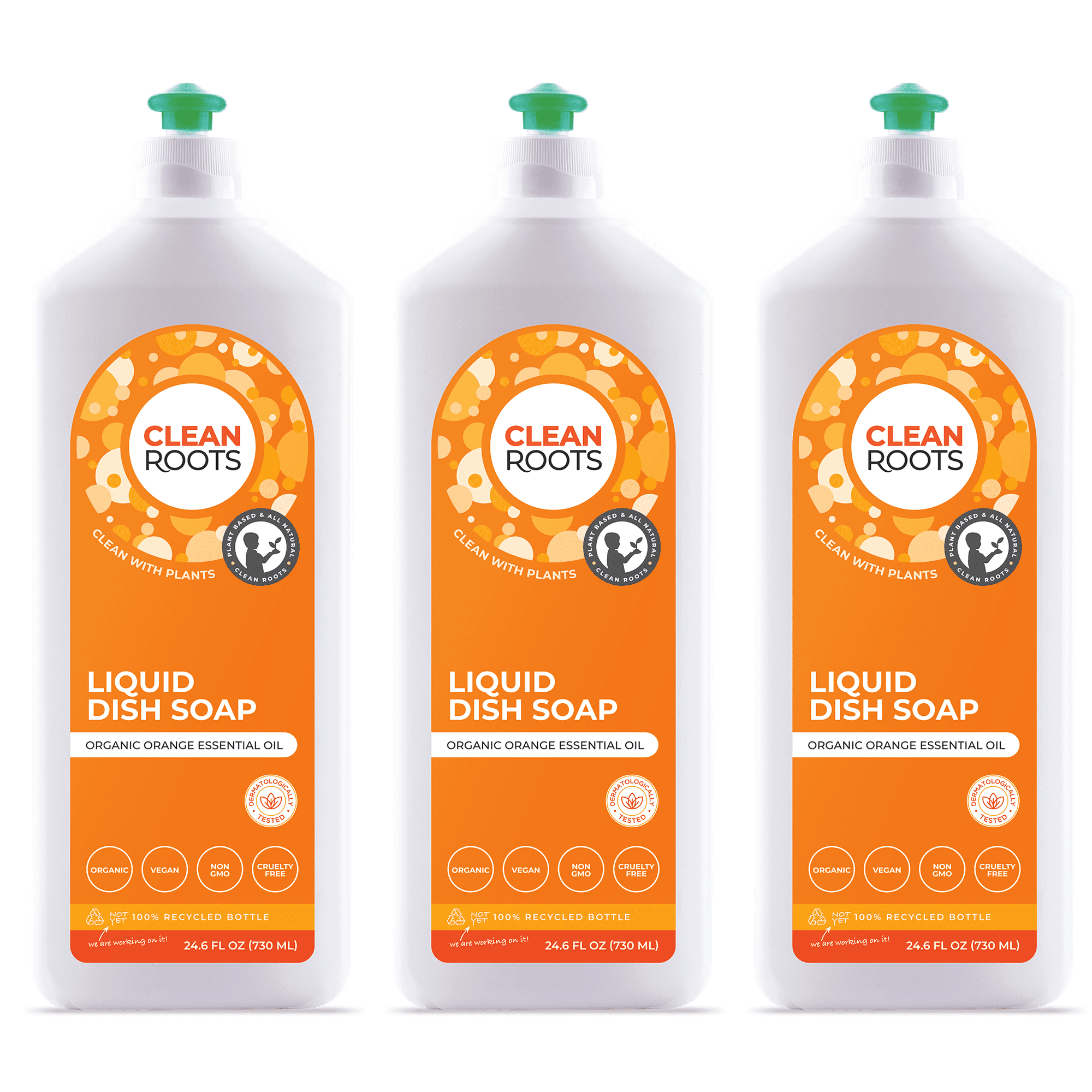 Clean Roots Liquid Dish Soap, EcoGarantie Certified 100% Organic & Natural, Dermatologically Tested & Approved, Scented with Organic Orange Essential Oil, Pack of Three 24.6 fl oz (730 mL) Bottles