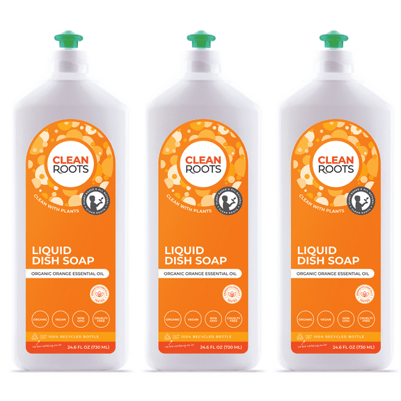 Clean Roots Liquid Dish Soap, EcoGarantie Certified 100% Organic & Natural, Dermatologically Tested & Approved, Scented with Organic Orange Essential Oil, Pack of Three 24.6 fl oz (730 mL) Bottles