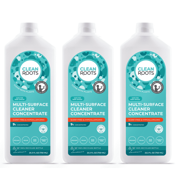Clean Roots Multi-Surface Cleaner Concentrate, EcoGarantie Certified 100% Organic & Natural, Dermatologically Tested and Approved, Scent-Free & Hypoallergenic - Pack of Three 25.3 fl. oz (750 mL)