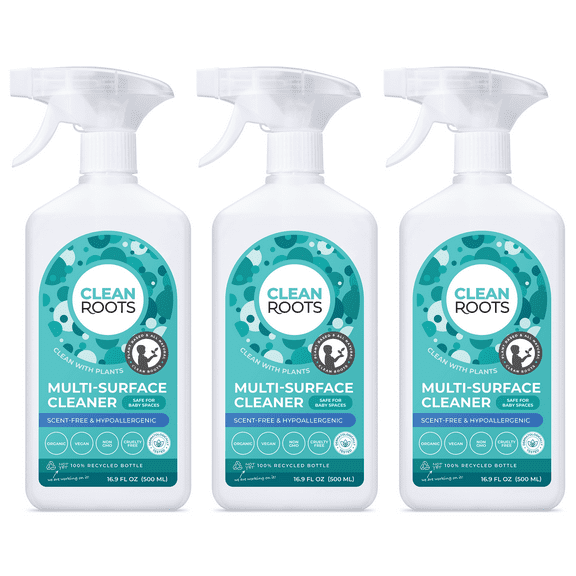 Clean Roots Multi-Surface Cleaner, EcoGarantie Certified 100% Organic & Natural, Scent-Free & Hypoallergenic, Dermatologically Tested and Approved - Pack of Three 16.9 fl. oz (500 mL) Bottles