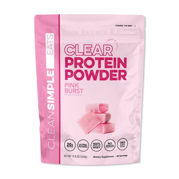 Clean Simple Eats Clear Whey Protein Powder, Pink Burst, Gluten Free, Zero Added Sugars, No Artificial Ingredients, 20g Protein, 1.24 lb, 20 Servings