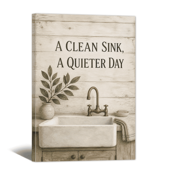 A Clean Sink Quieter Day Canvas Wall Art Bathroom Scene Relax Phrase Print, Fresh & Chilling Artwork Bath Text Painting for Shower room, Washroom, Restroom Wall Decor