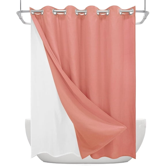 Clean Slate Series No Hook Shower Curtain, 230 GSM Waffle Weave, Snap-in Liner, Heavy-Duty Soft Fabric, 4 Hem Magnets, Water-Repellent Bath Curtain (Clay Red, 72" W x 74" L(Pack of 1))