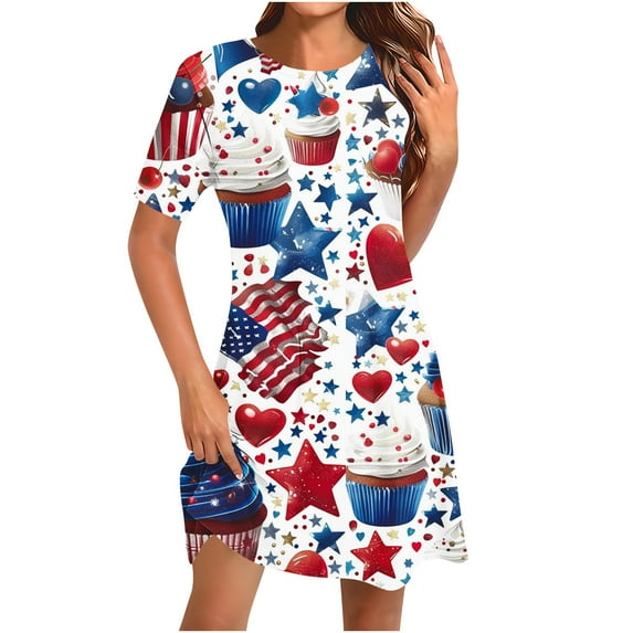Clean Summer Sundress for Womens Usa Flag Star Stripe Dress Independence Day Patriotic Shirt Elastic High Waist Dresses Crew Neck Short Sleeve Dress Loose Relaxed Fit Sun-Dress
