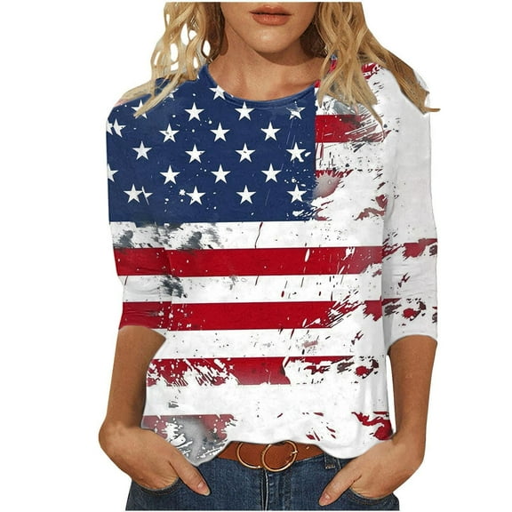 Clean Summer Womens 4Th of July Summer Tops Independence Day T-Shirt Crew Neck 3/4 Sleeve Tee Blouses Plus Size T Shirts American Flag Graphic Tunic Tops Going Out Vacation Tee Shirts