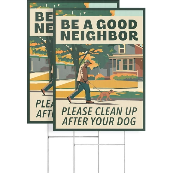 Clean Up After Dog Yard Signs with H-Frame Stakes, 9" x 12" Corrugated Plastic Please Clean Up After Your Dog Signs (Pack of 2)
