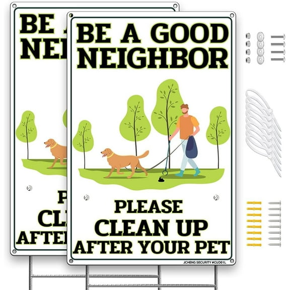 Clean Up After Your Pet Aluminum Signs 2 Pack 12x8 Inch No Pooping Dog Signs with Metal Stake and Mounting Hardware for Yard