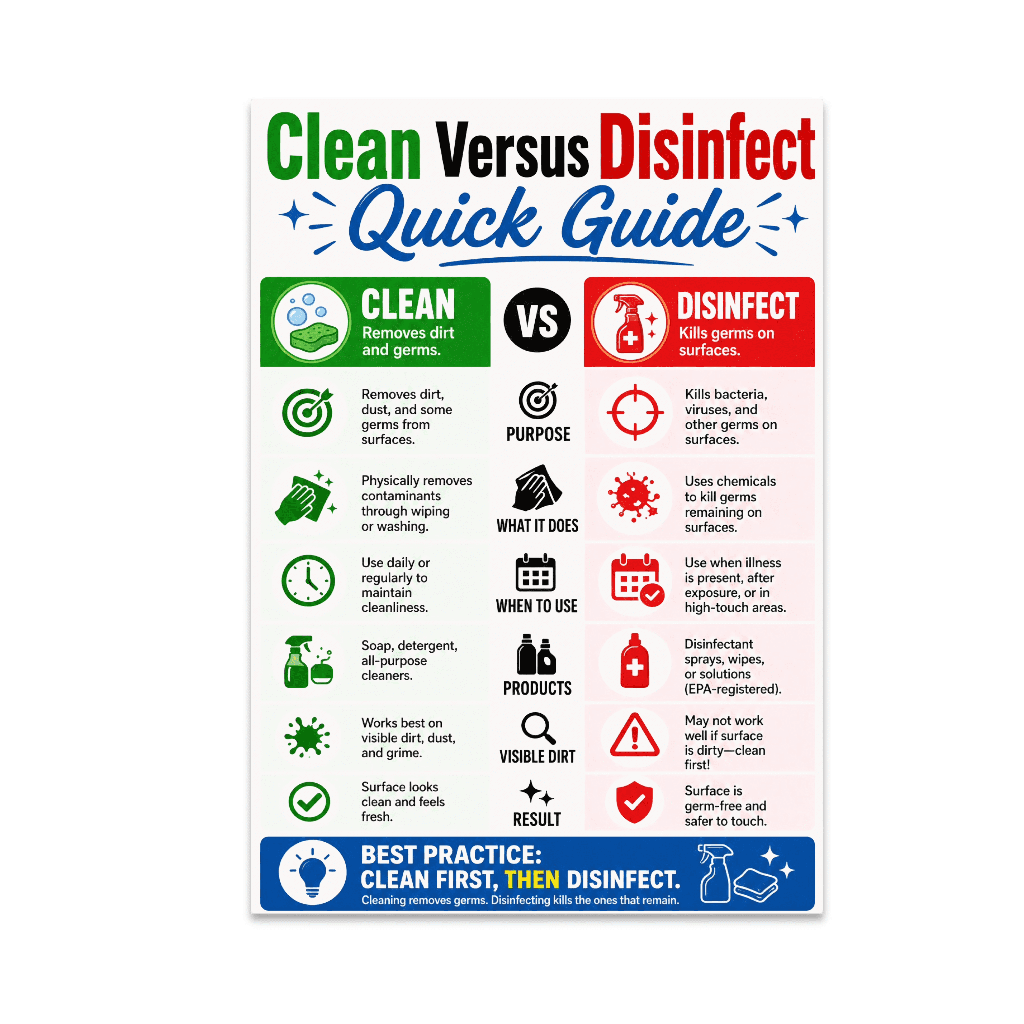 Clean Versus Disinfect Quick Guide - Home Organizer - 13x19 Poster ...