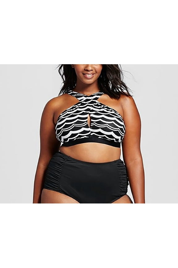 Black High Neck Wave Pattern Bikini Top Swimwear Women's Plus Size 18W