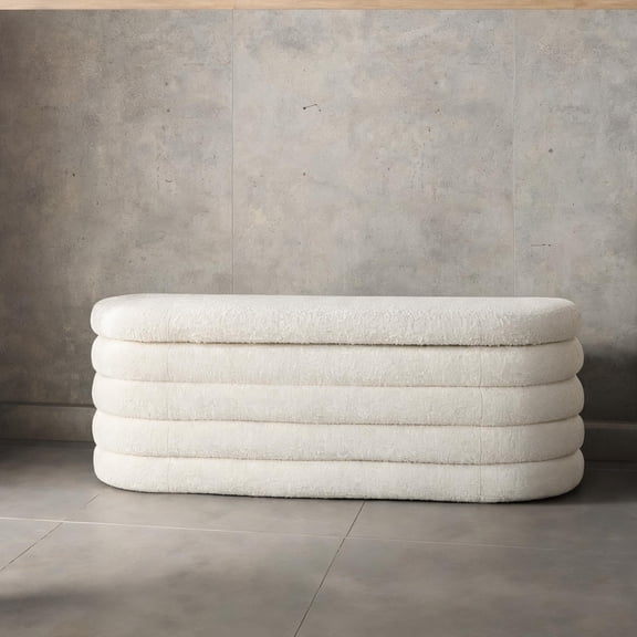Clean White 49 Inch Oval Flip Top Storage Bench, Boucle Upholstered Mid-Century Modern Seating for 2