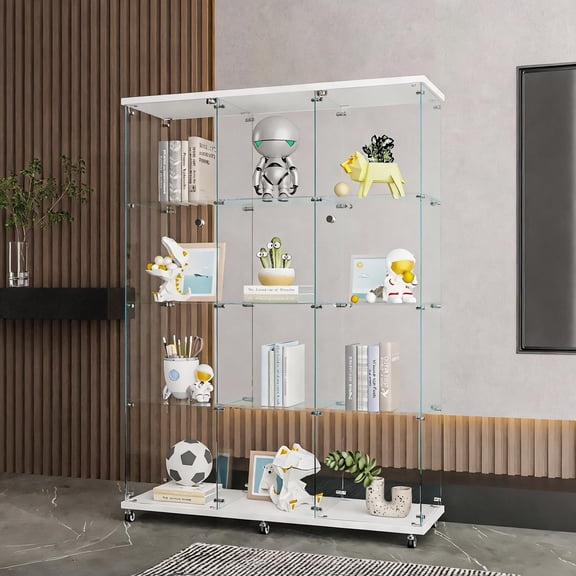 Clean White Extra Large 4-Shelf Floor Standing Glass Curio Display Cabinet for Living Room, Bedroom and Office