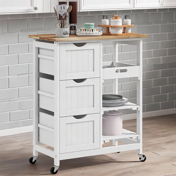 Clean White MDF Kitchen Island Cart with Butcher Block Top, 3 Drawers, Removable Serving Tray, Contemporary