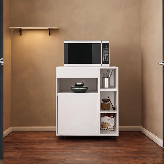 Clean White Particle Board Microwave Cart with Cabinet and Open Shelves, Compact Kitchen Storage Sideboard