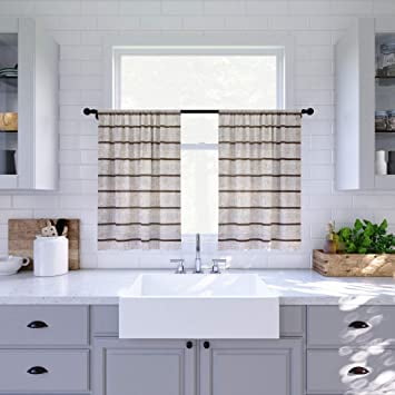 Mocha Linen Striped Sheer Cafe Kitchen Curtains, 52" x 36"