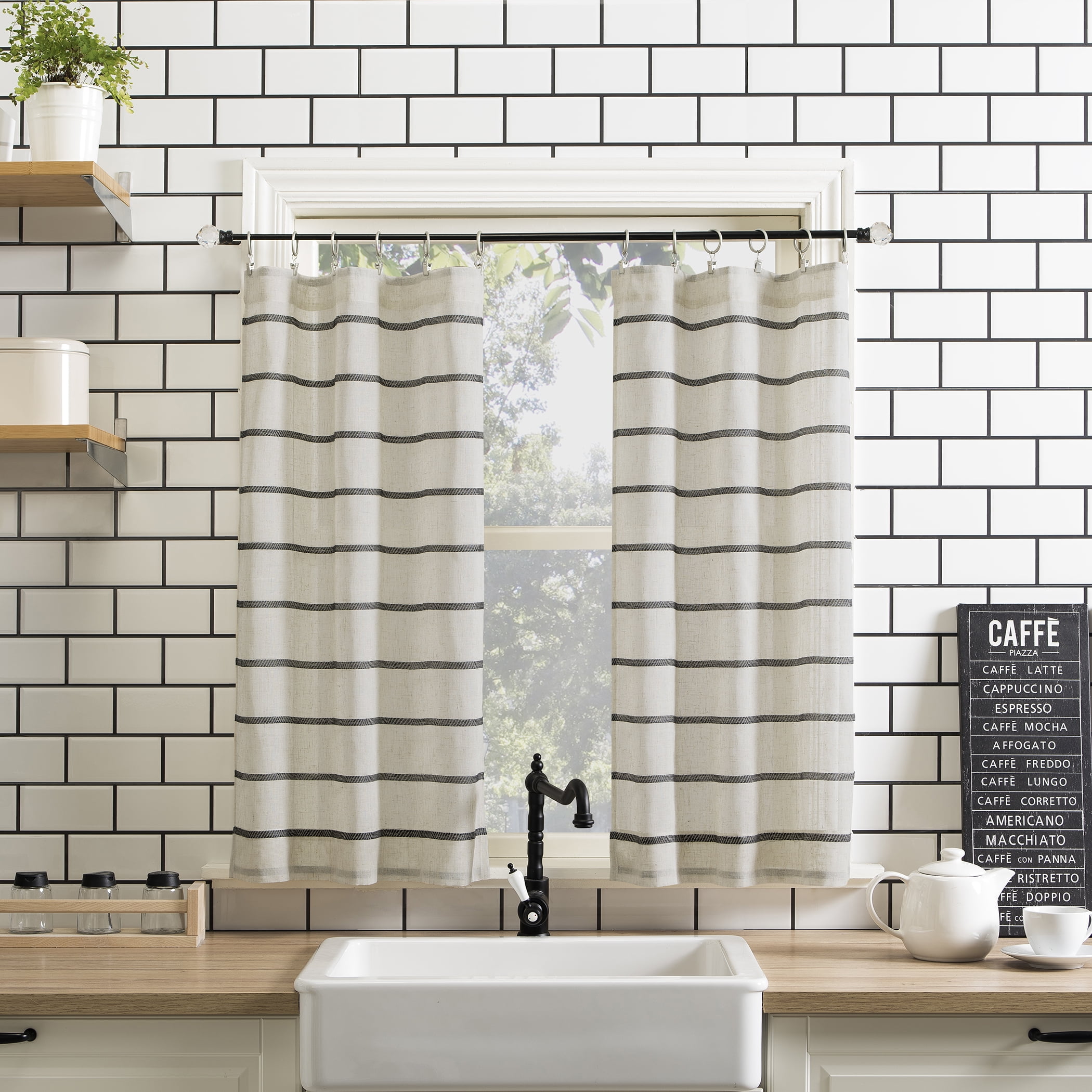 Black and Beige Linen Blend Twill Stripe Sheer Kitchen Curtain Pair