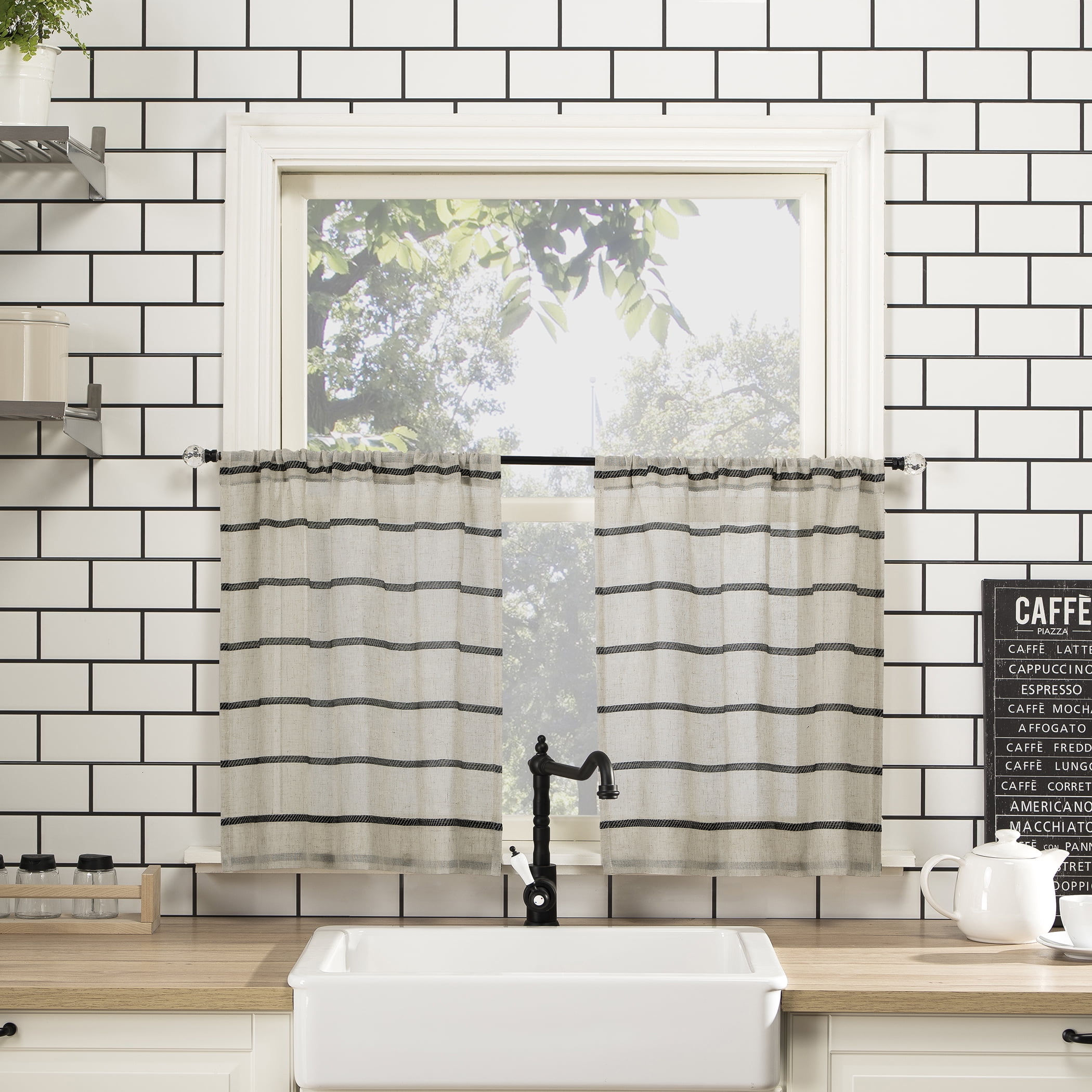 Twill Stripe Anti-Dust Linen Blend Sheer Cafe Curtain Pair - Thumbnail 2