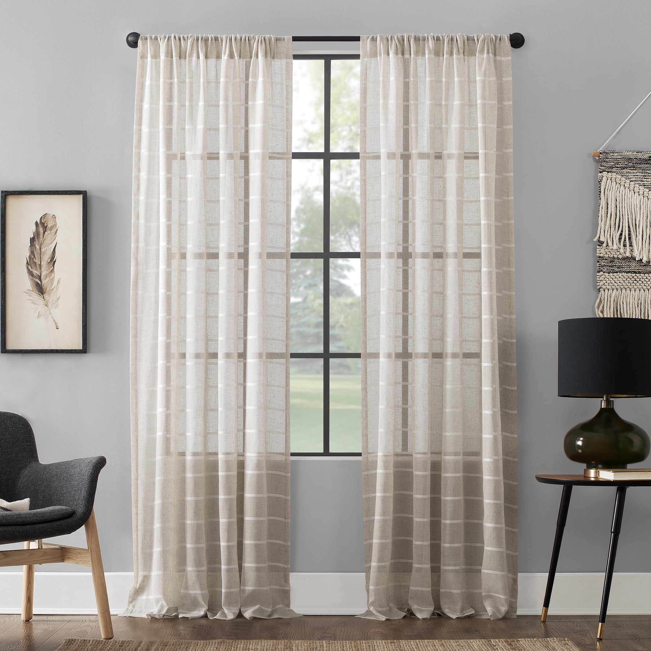 Clean Window Twill Stripe Anti-Dust Linen Blend Sheer Curtain Panel, 52"x63", 52"x63", White/Linen