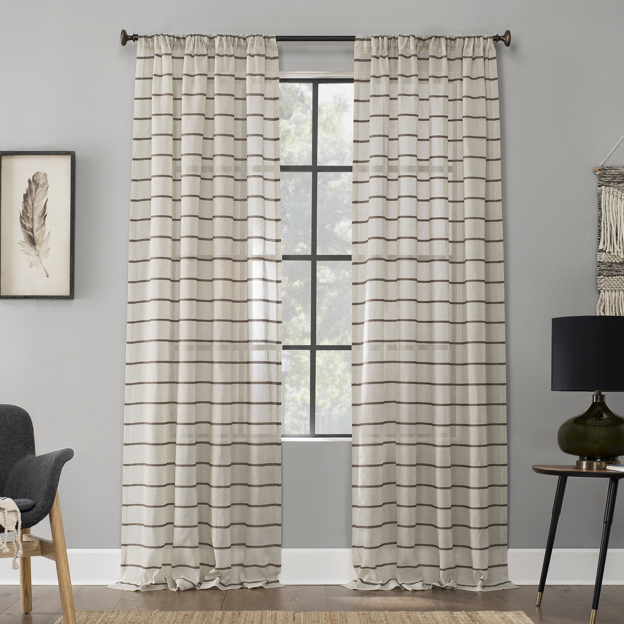Mocha Linen Blend Sheer Twill Stripe Curtain Panel