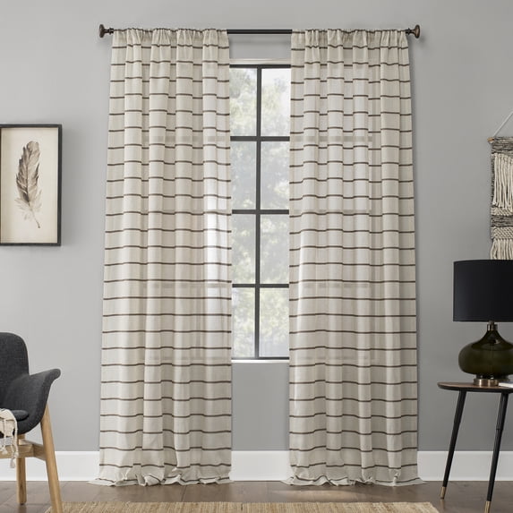 Clean Window Twill Stripe Anti-Dust Linen Blend Sheer Curtain Panel, 52"x84", Mocha Brown