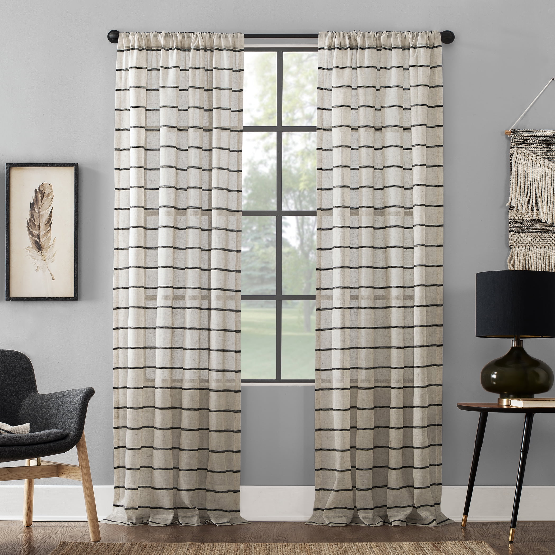 Clean Window Twill Stripe Anti-Dust Linen Blend Sheer Curtain Panel, 52"x95", Black/Linen