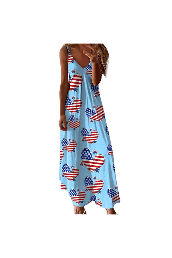 Clean Women's American Flag Sundress Summer Boho Dress Independence Day Printed Long Dresses 4Th of July Patriotic Maxi Dress Spaghetti Strap Sexy Beach Dresses Vacation Outfits