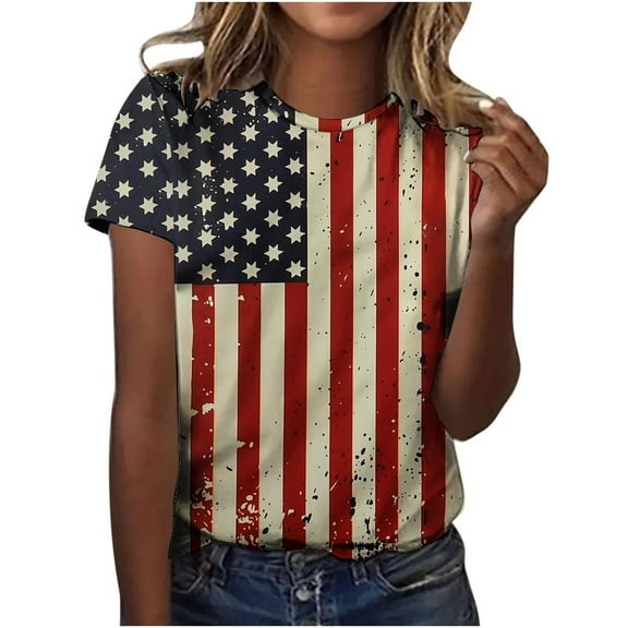 Clean Women's Independence Day T-Shirt Usa Flag Star Stripe Tops Round Neck Short Sleeve Tee Shirts Plus Size Tunic Blouses Lounge Dressy Patriotic T-Shirts Summer Going Out Vacation Costume