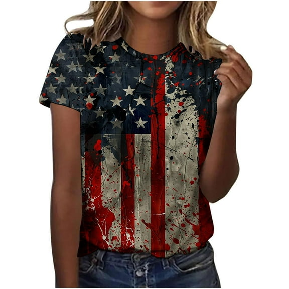 Clean Women's Independence Day T-Shirt Usa Flag Star Stripe Tops Round Neck Short Sleeve Tee Shirts Plus Size Tunic Blouses Lounge Dressy Patriotic T-Shirts Summer Going Out Vacation Costume