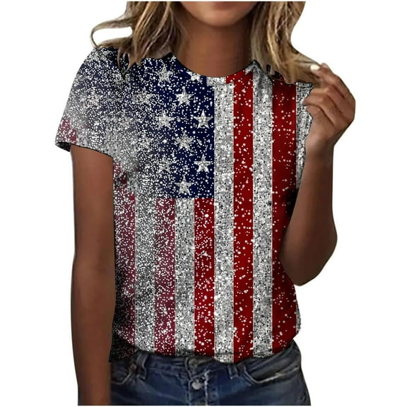 Clean Womens 4Th of July Tee Plus Size T-Shirts American Flag Graphic Tee Shirts Round Neck Tunic Tops Short Sleeve Tees Blouses Light Breathable Top Shirts Independence Day Tunics Going Out Outfits