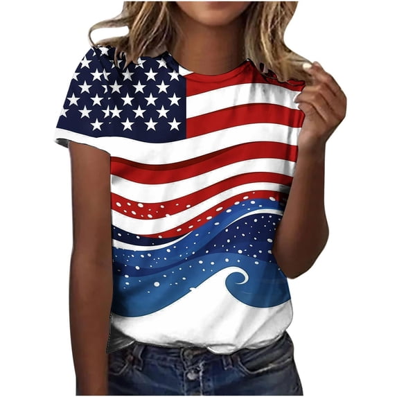 Clean Womens 4Th of July Tee Plus Size T-Shirts American Flag Graphic Tee Shirts Round Neck Tunic Tops Short Sleeve Tees Blouses Light Breathable Top Shirts Independence Day Tunics Going Out Outfits
