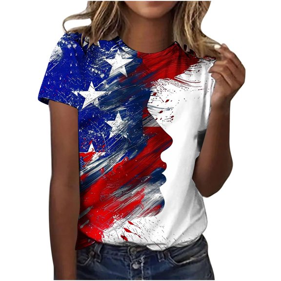 Clean Womens 4Th of July Tee Plus Size T-Shirts American Flag Graphic Tee Shirts Round Neck Tunic Tops Short Sleeve Tees Blouses Light Breathable Top Shirts Independence Day Tunics Going Out Outfits