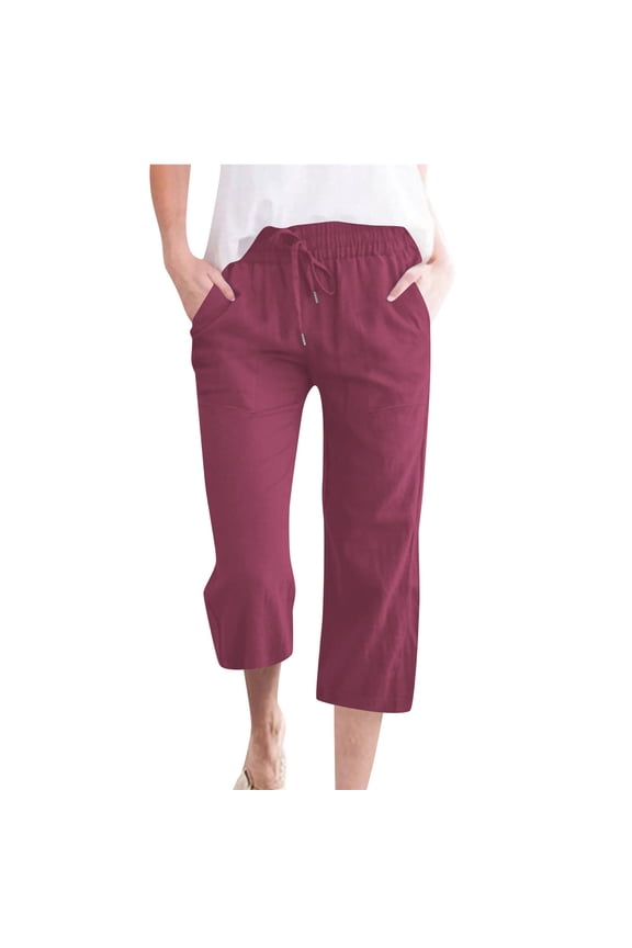 Clean Womens Cotton Linen Capris Summer Lace-Up Elastic Waist Sweatpants High Waisted Put On Strech Y2K Streetwear Comfort Casual Beach Pants Workout Gym Yoga Outfits with Pockets