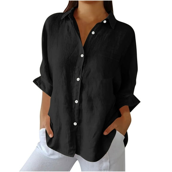 Clean Womens Cotton Linen T-Shirts Summer Front Button Collared Shirt 3/4 Length Sleeve Tops Pure Basic Tunic Blouses Loose Relaxed Fit T Shirts Light Breathable Going Out Tee