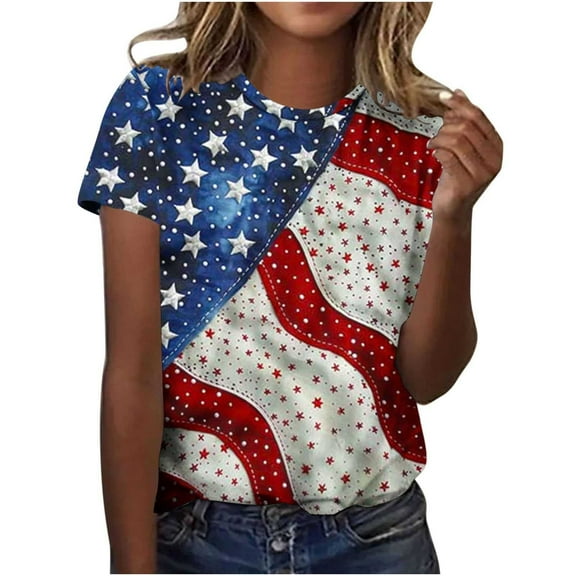 Clean Womens Plus Size Independence Day T-Shirts Color Block T Shirts Usa Flag Star Tunic Tops Round Neck Tee Short Sleeve Top Retro Dressy Tee Shirts American Flag Tunics Beach Holiday Clothing