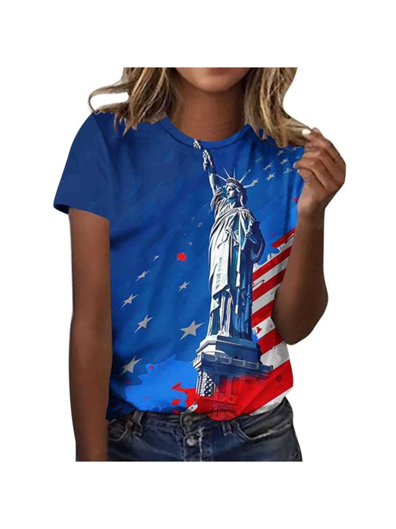 Clean Womens Plus Size Independence Day T-Shirts Color Block T Shirts Usa Flag Star Tunic Tops Round Neck Tee Short Sleeve Top Retro Dressy Tee Shirts American Flag Tunics Beach Holiday Clothing