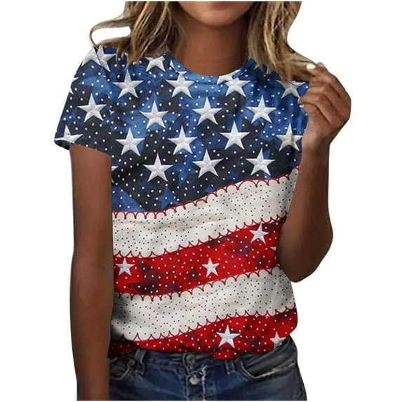 Clean Womens Plus Size Independence Day T-Shirts Color Block T Shirts Usa Flag Star Tunic Tops Round Neck Tee Short Sleeve Top Retro Dressy Tee Shirts American Flag Tunics Beach Holiday Clothing