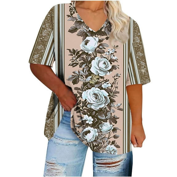 Clean Womens Plus Size Summer Tops Floral Printed Tee Shirts Scooped Neck Short Sleeve Tshirts Loose Relaxed Fit Tunic Blouses Vintage Texture Rose-Flower T-Shirts Dressy Work Office Clothes
