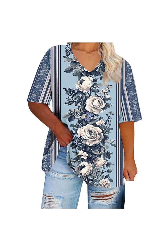 Clean Womens Plus Size Summer Tops Floral Printed Tee Shirts Scooped Neck Short Sleeve Tshirts Loose Relaxed Fit Tunic Blouses Vintage Texture Rose-Flower T-Shirts Dressy Work Office Clothes