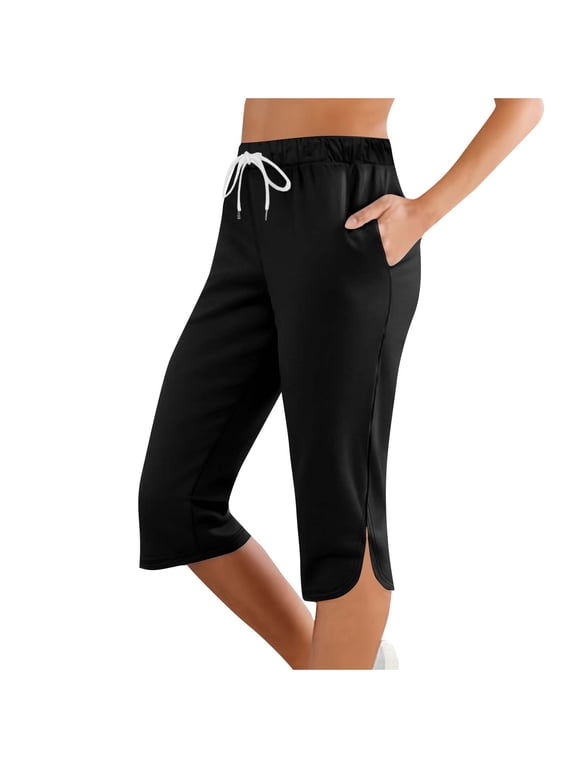 Clean Womens Yoga Capris Summer Trendy Drawstring Elastic Waist Pants Pull On Stretch Capri Pants Side Slit Sweatpants Basic Pure Cropped Joggers Pants Workout Running Gym Trouser