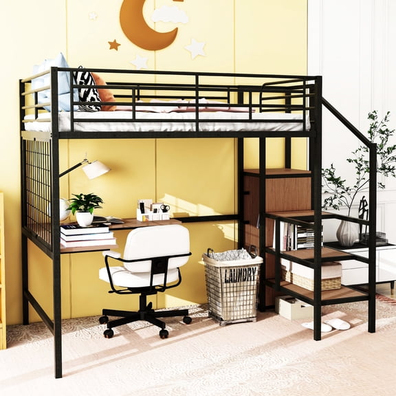 Clean-painted Finish Loft Bed | Metal Grid for Personalized Decoration | Space for Work and Play
