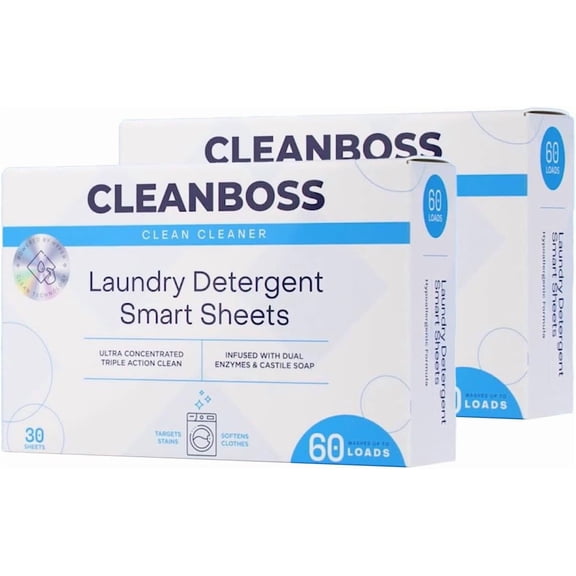 2 Pack CleanBoss Laundry Detergent Smart Sheets - 60 Sheets total