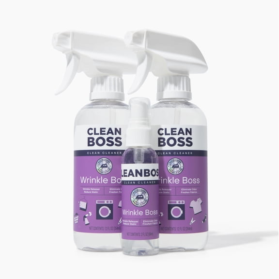 CleanBoss Wrinkle Boss Release Spray for Clothing - 2 Bottles Plus 1 Mini Travel Size Wrinkle Guard For On The Go