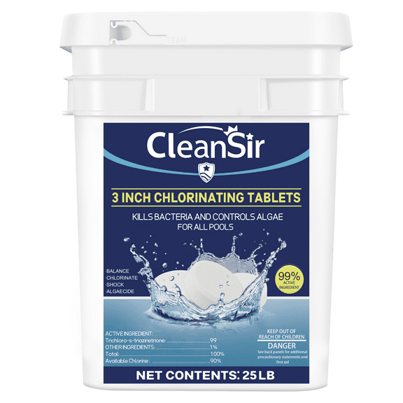 CleanSir 25 LB 3" Chlorine tablets - 99% Trichlor, Slow Dissolving Pool & Spa Chemical Supply
