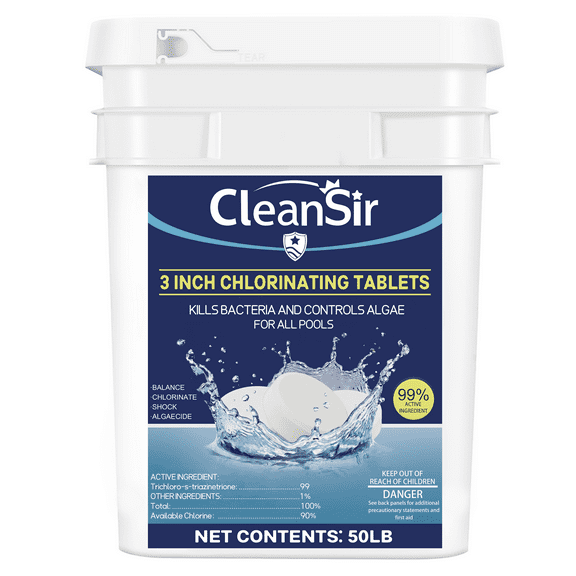 CleanSir 50 LB 3" Chlorine tablets - 99% Trichlor, Slow Dissolving Pool & Spa Chemical Supply