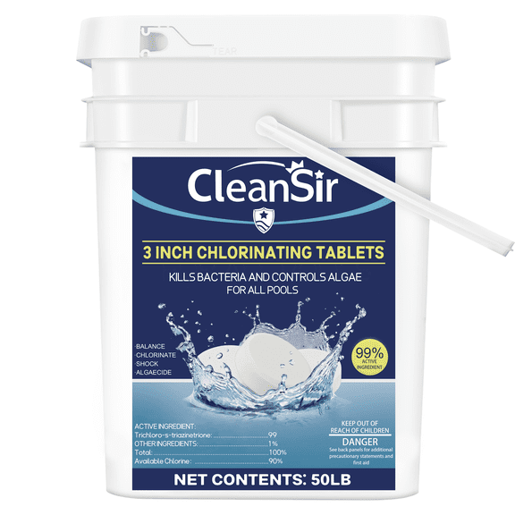 CleanSir 50lbs Pool Chlorine Tablets 3-Inch - 99% Trichlor, Slow-Dissolving Sanitizer for Pools & Spas - Individually Wrapped