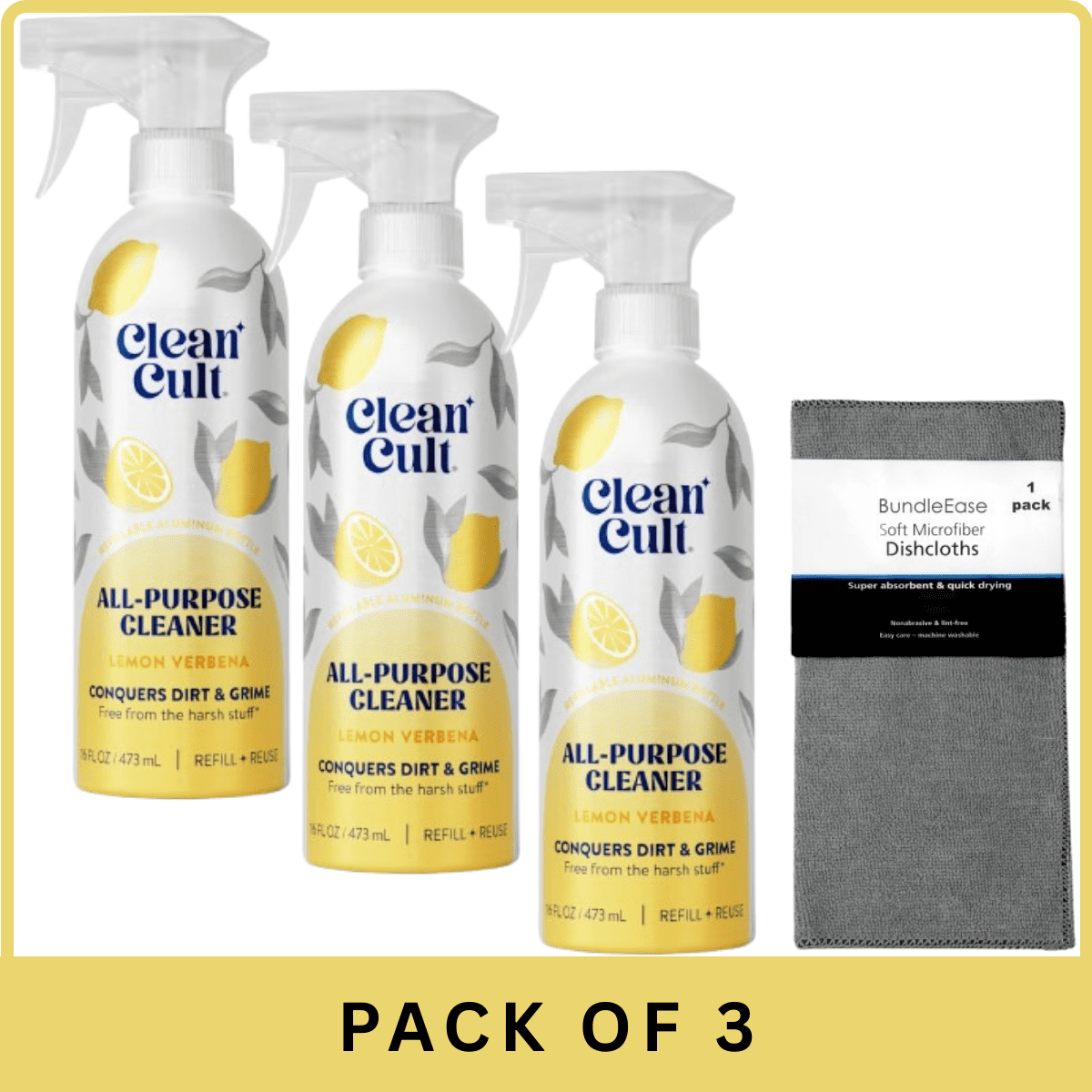 Cleancult All Purpose Cleaner Refill - Lemon Verbena-16oz-3pk, With Microfiber Solid Color Towel By BundleEase