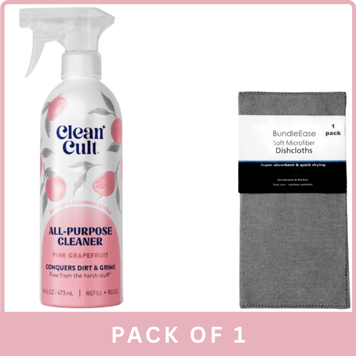 Cleancult All Purpose Cleaner Refillable Aluminum Bottle (PinkGrapefruit), 16fl oz - With Microfiber Solid Color Towel By BundleEase