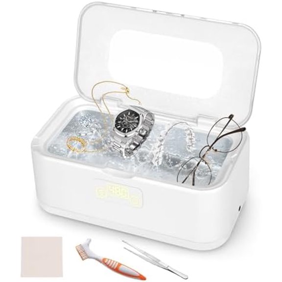 Cleaner, 49KHz  Cleaner Machine for  Glasses Rings Retainers Watch Strap Dentures, 304 Stainless Steel 27oz Cleaning Pod (White)