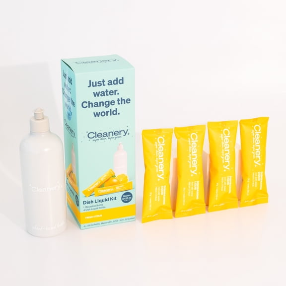 Cleanery Dish Soap Powder Refill Starter Kit with Reusable Bottle + 4 Fresh Citrus Refills